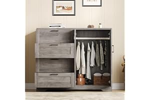 IDEALHOUSE 43.3'' H Armoire Wardrobe Closet with 4 Drawers and 2 Doors, Hanging Rod, Multifunctional Wooden Dresser with Storage Closet, Bathroom Cabinet for Bedroom, Gray