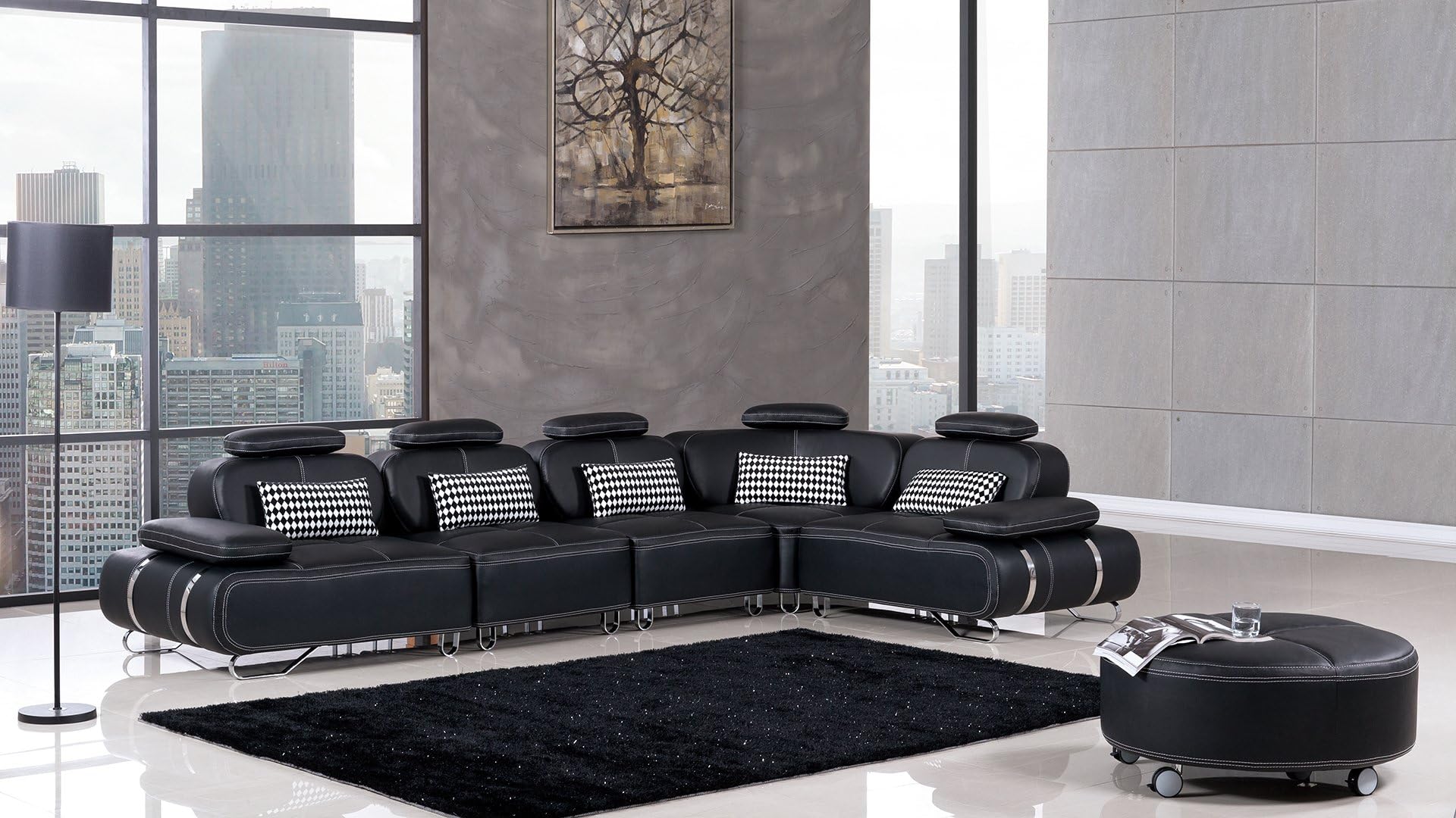 American Eagle Furniture Edgewood Collection Modern Bonded Leather 6 Piece Sectional Sofa and Ottoman With Adjustable Headrests, Black
