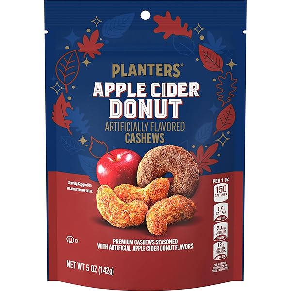 PLANTERS APPLE CIDER DONUT CASHEWS, COOKING & BAKING NUTS & SEEDS, FLAVORED CASHEWS, FALL SNACKS, CASHEW, PARTY SNACK, PLANT-BASED PROTEIN, 5 OZ BAG