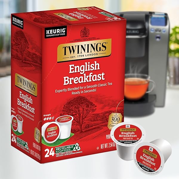 TWININGS ENGLISH BREAKFAST BLACK TEA K-CUP PODS FOR KEURIG, 24 COUNT (PACK OF 1), SMOOTH, FLAVOURFUL, ROBUST, CAFFEINATED, ENJOY HOT OR ICED