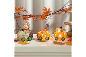 Lulu Home Fall Tabletop Decoration, Resin Scarecrow Riding On Acorn Car with Two Pumpkin Carriages, Light Up Hollowed Train Crafts Ornament for Autumn Fireplace Harvest Thanksgiving Decor