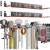 TORACK Garden Tool Organizer Wall Mount, Garage Folding Chair Storage Rack, Tools Rack for Shovels, Rakes, Broom, Ladders, Hooks for Keyhole Style Shelving Unit