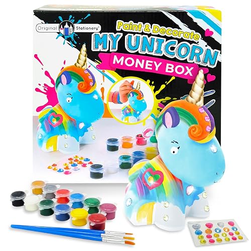 Original Stationery Decorate and Paint Your Own Unicorn Money Box, Creative Kids Paint Set for Girls with 21 Gems, 12 Non-Toxic Colours, and More!