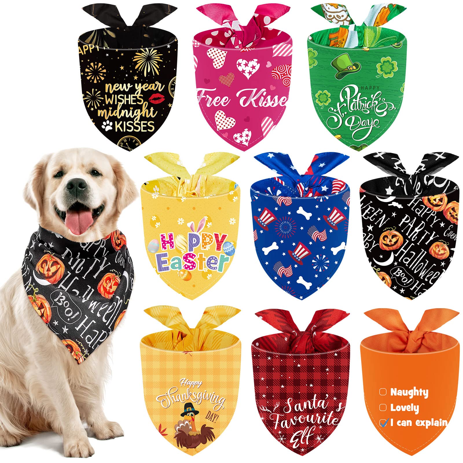 Photo 1 of Weewooday 9 Pcs Holiday Dog Bandanas Halloween Thanksgiving Christmas Bandanas Birthday Scarf Adjustable Large Pet Washable Scarves for Large Dog Costume Supply(Cute Pattern)