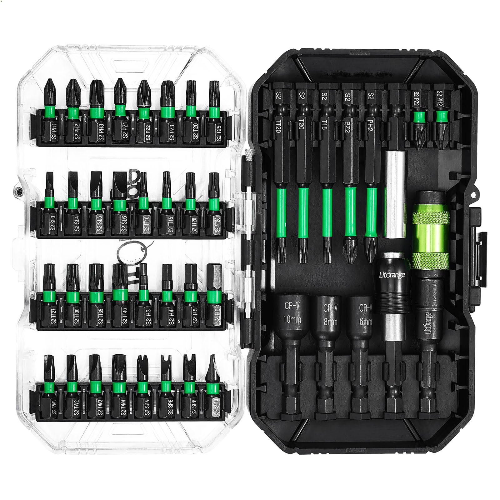 Litorange 45 Pcs Screwdriver Bit Set (PH-, PZ-, S-, H-, T-, TH-, TW-, U-Bit, Socket and Magnetic Pivoting Bit Holder), 1/4" Hex S2 Magnetic Impact Driver Bit Set