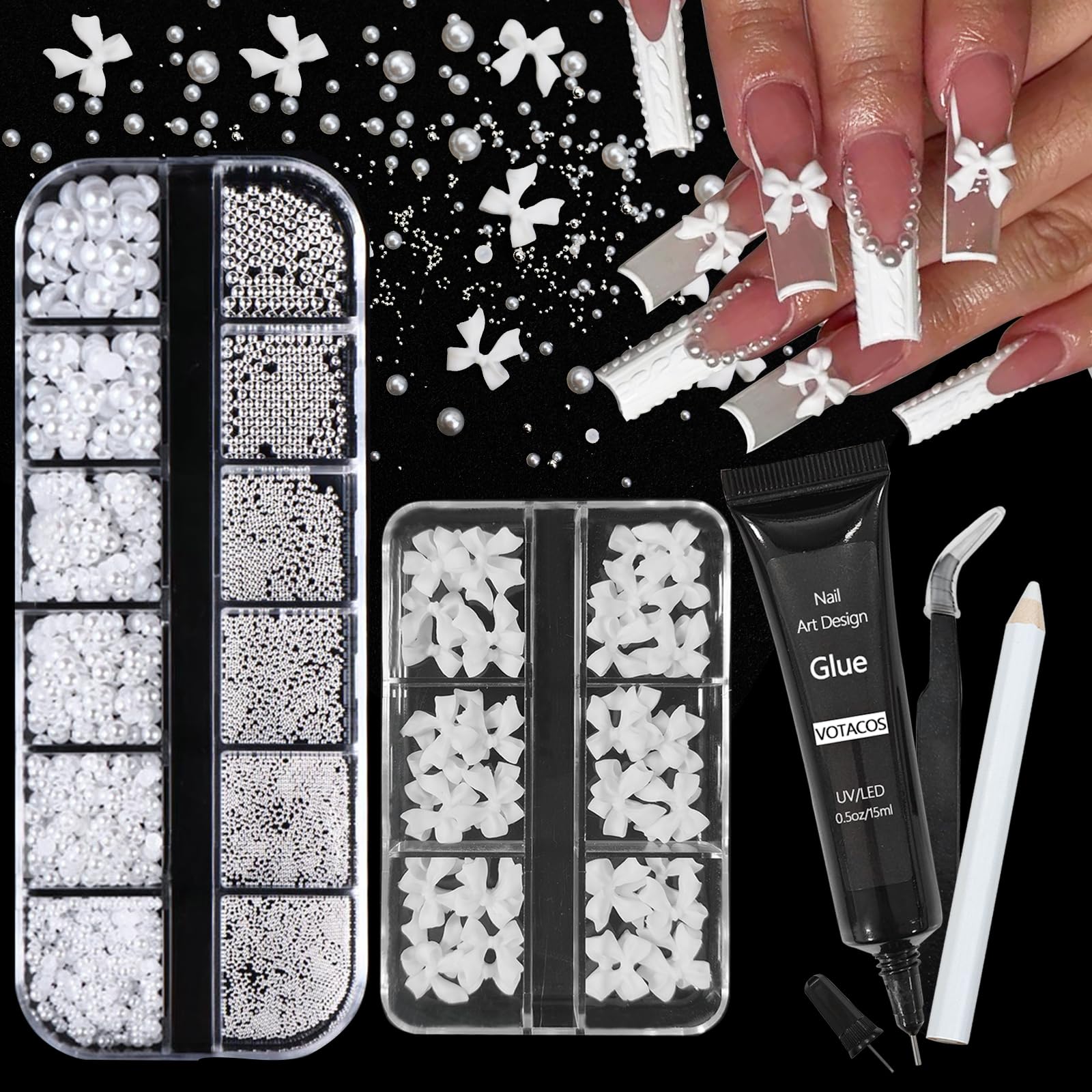 VOTACOS Nail Art Charms White Bow Nail Rhinestones