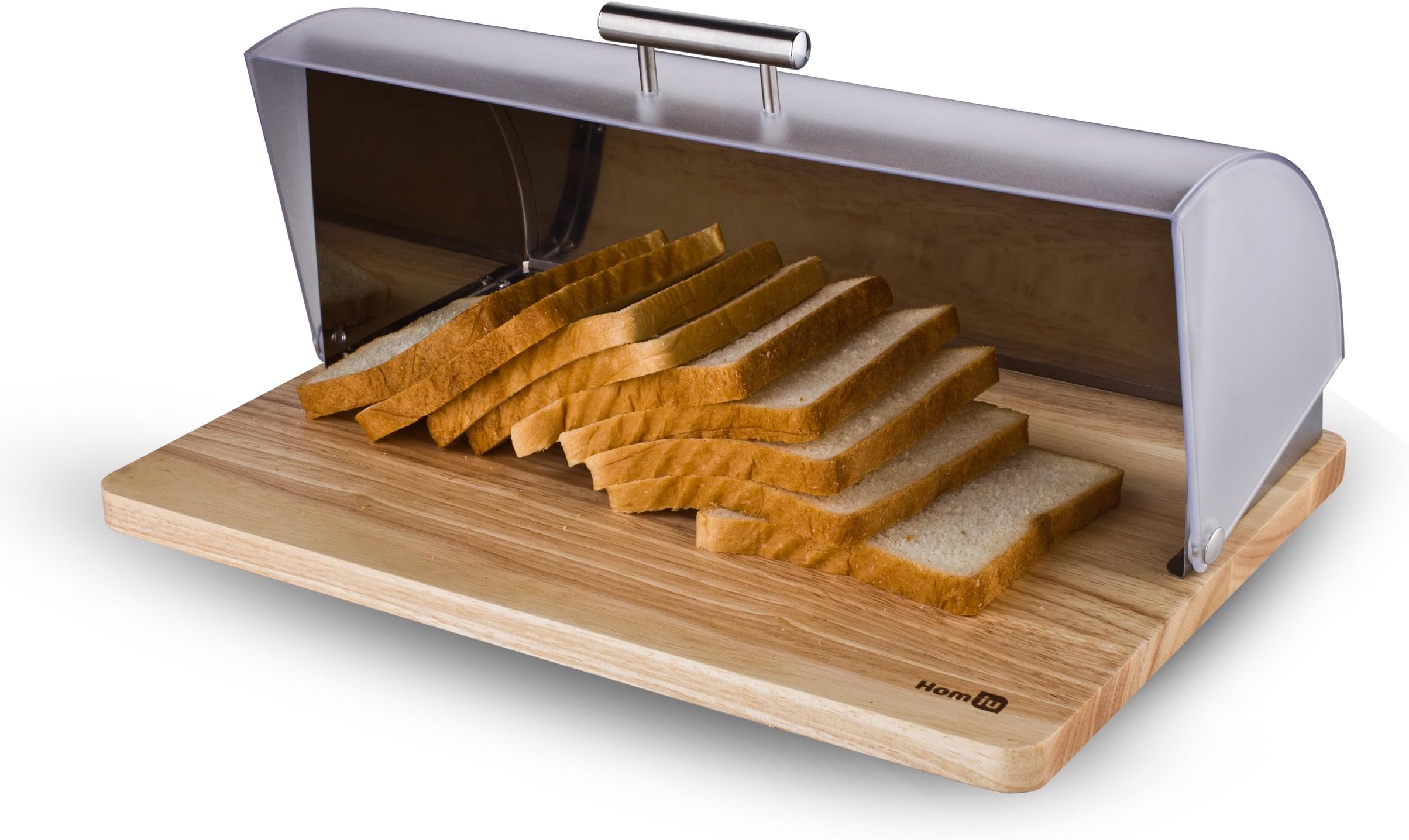 Homiu Roll Top Bread Bin Stainless Steel Elegant with Wooden Surface Silver