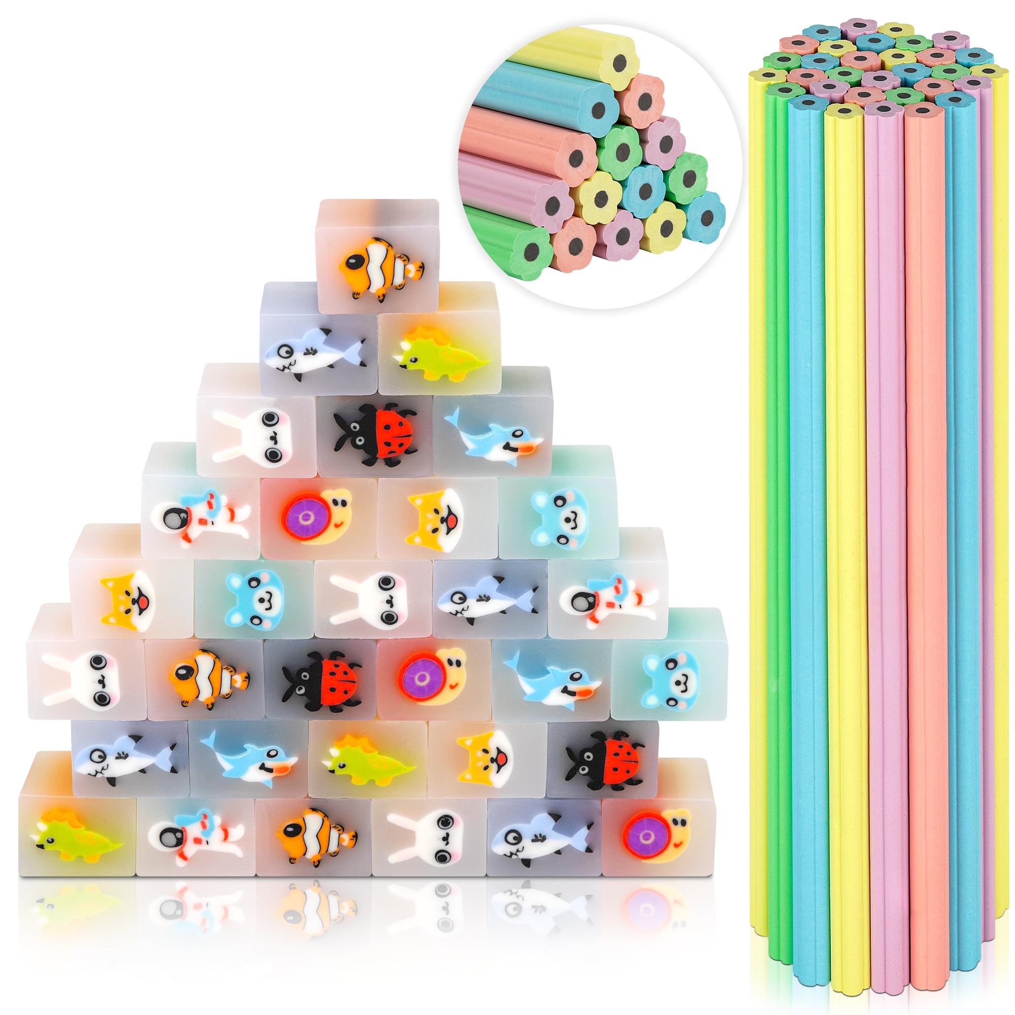 64 Novelty Petal Pencil and Rubber Set,32 Cute Rubbers Erasers for Kids & 32 Petal Pencils for Kids,Fun Stationery Set Makes a Great for School Class (Petal Pencil)