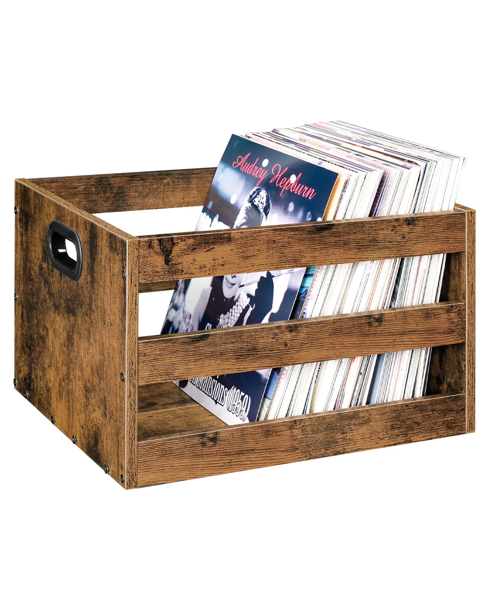 Photo 1 of CHOEZON Vinyl Record Storage Crate, Record Storage Holder, Vintage Wood File Storage Organizer, Cube Photo Album Storage Box, for Albums, Files, Photo Albums, Rustic Brown MCW01FG