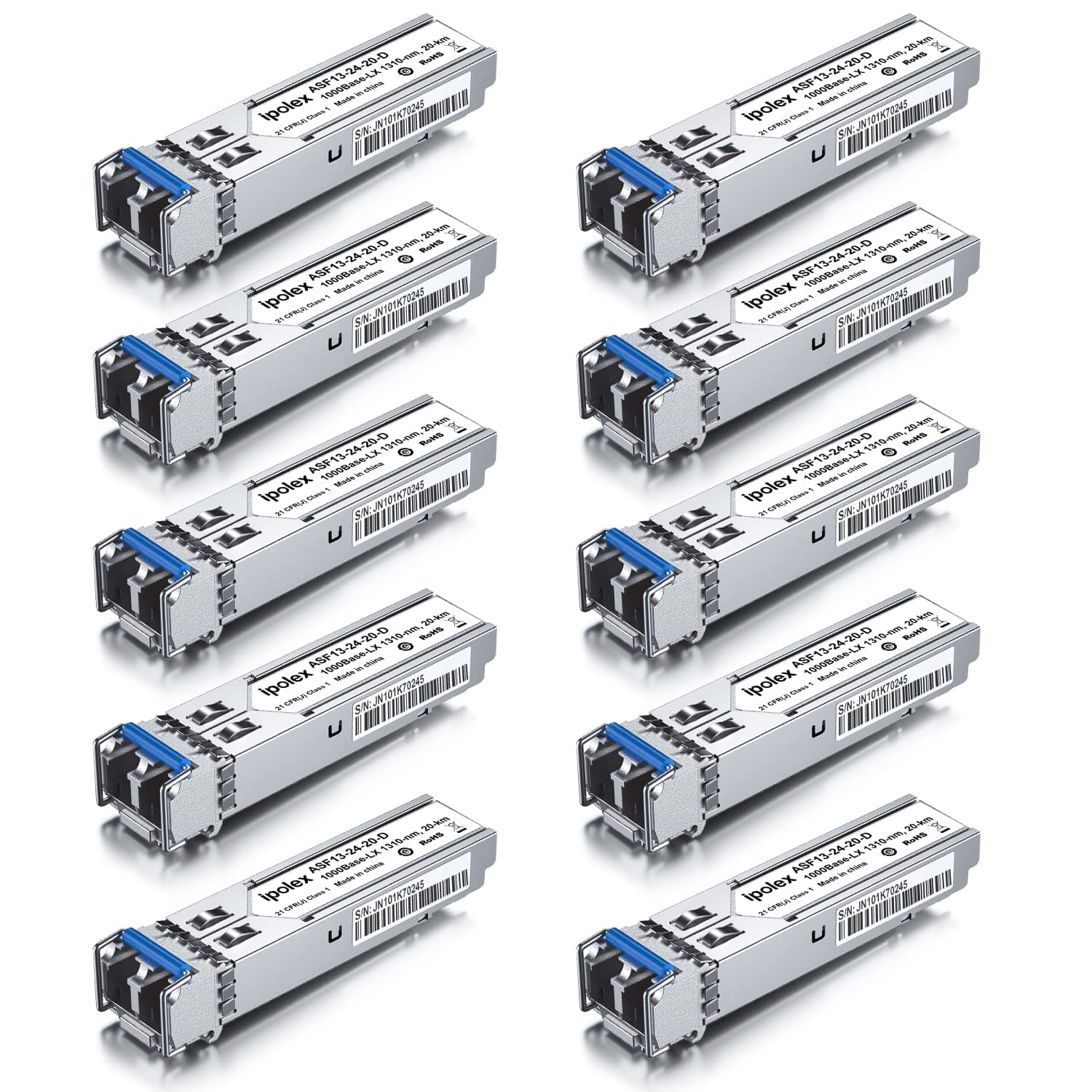 ipolex 10 PCS 1G SFP LX Singlemode LC Transceiver, 1000Base-LX Mini-Gbic Module Compatible with Cisco GLC-LH-SMD, Ubiquiti UF-SM-1G, Meraki, Netgear, Mikrotik, Zyxel etc. (SMF, 1310-nm, 20-km).