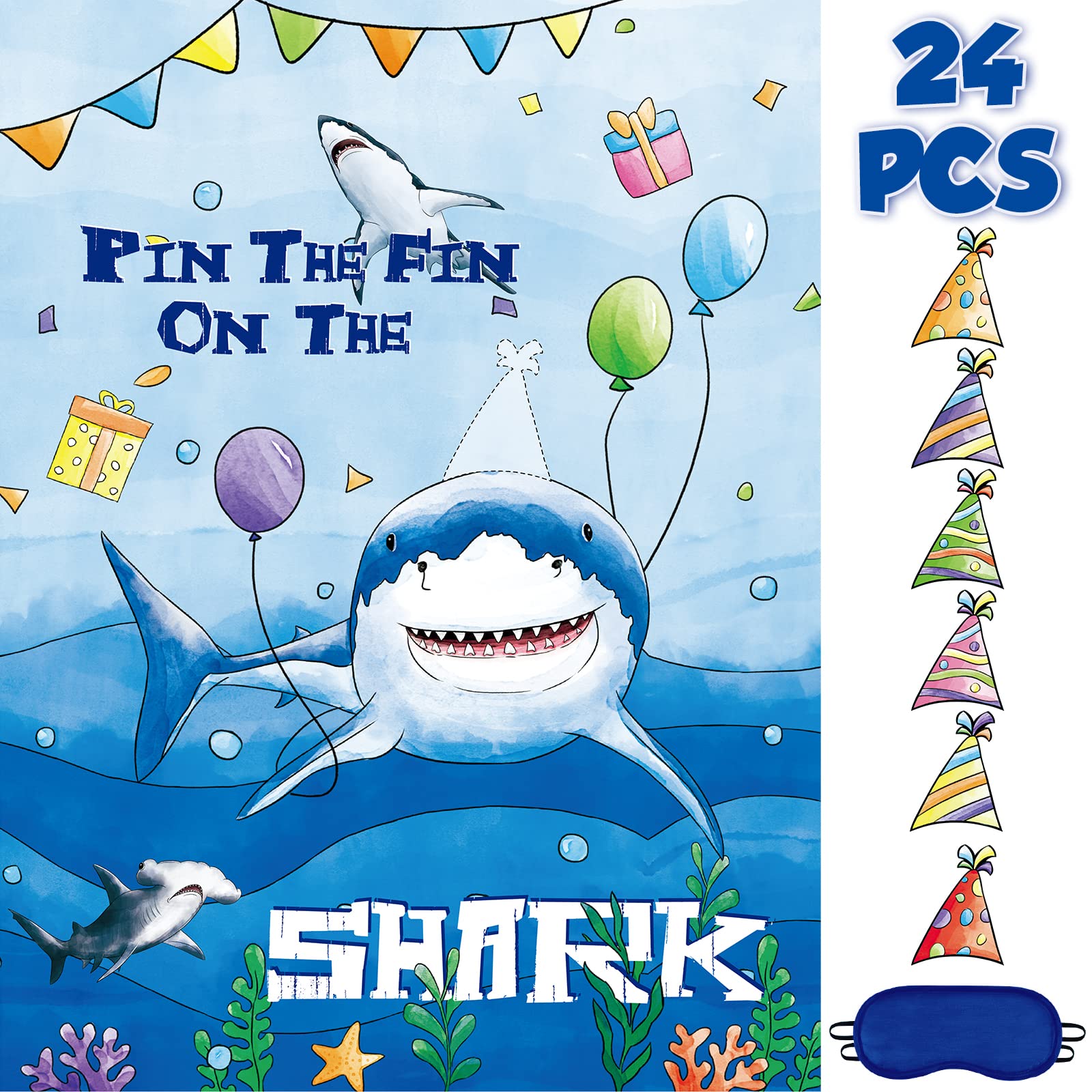 Photo 1 of WERNNSAI Pin The Fin on The Shark Party Games - Shark Birthday Decorations Under The Sea Party Game Poster with 24 Pcs Stickers for Kids Birthday Family Classroom Activities