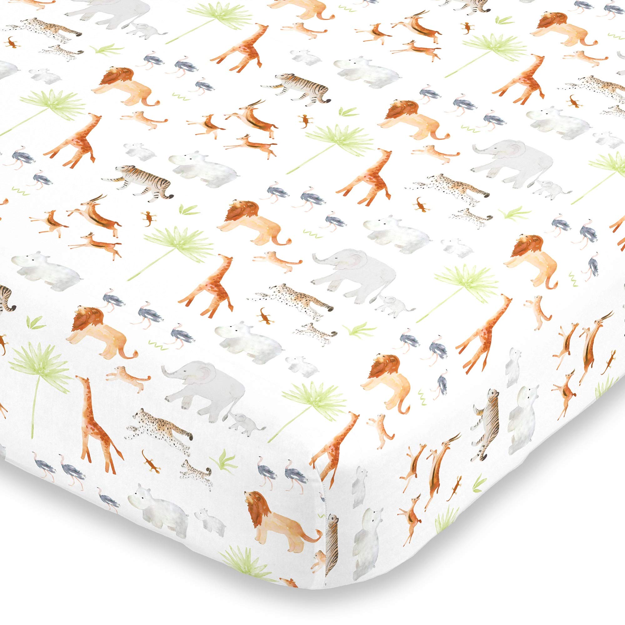 NoJo Watercolor Jungle Animals Crib Sheet - Mini Fitted Crib Sheet - Designed In The USA - 24" X 38" X 5", Orange, Grey, Light Blue