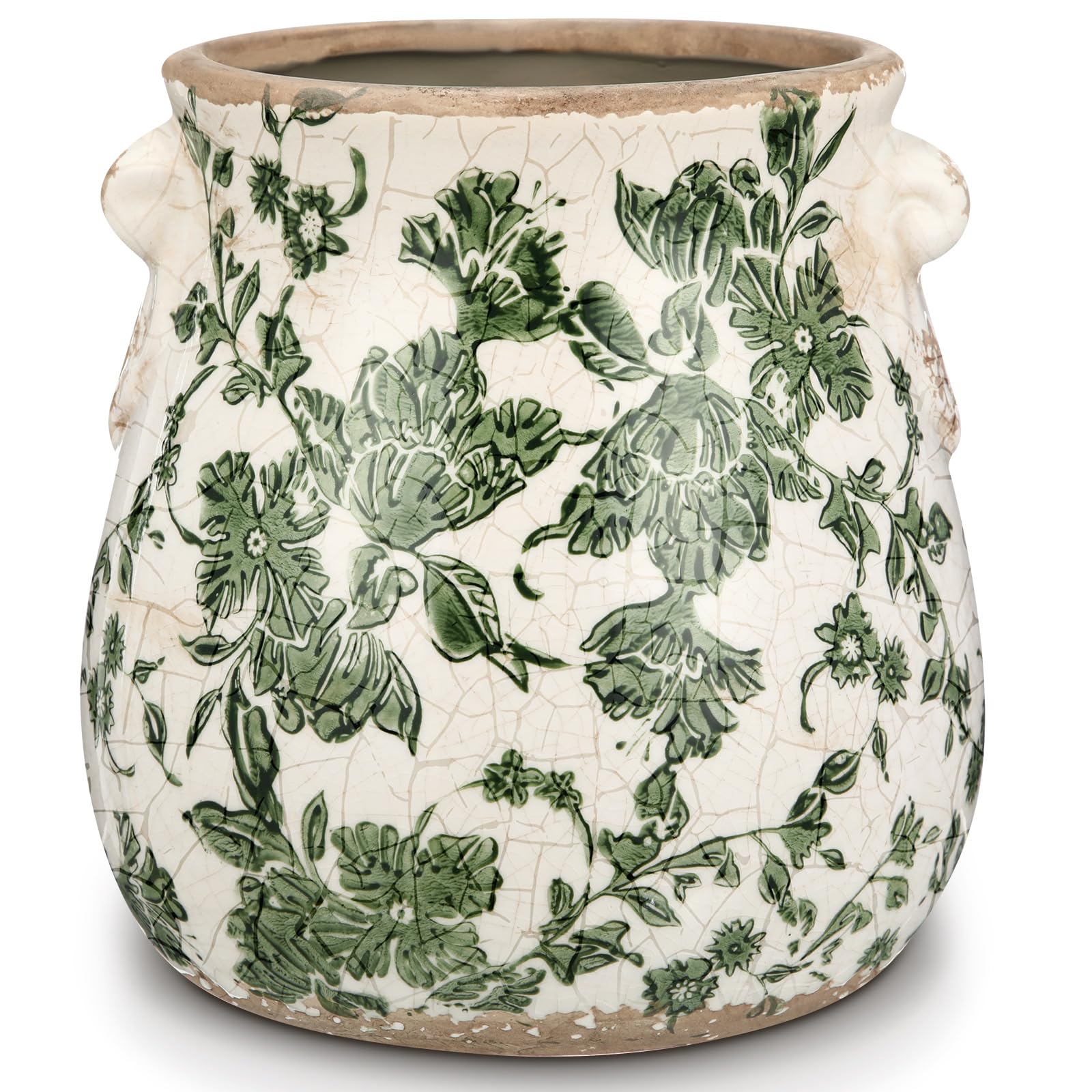 Photo 1 of Ninehaoou Ceramic Green Scroll Planter 6.5 Inch Chinoiserie Floral Vase with Drainage Holes Vintage Flower Vase Flower Pot Rustic Ceramic Pots for Indoor Plants Flowers Garden Home Bookshelf Decor