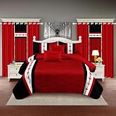 Deepsleep Queen Size Bedspread Set 9 Pieces, Black and Red Stripe | All Season, Luxury Bed in a Bag for Bedroom, with 2 Pillowcases and 6 Curtains, Soft Microfiber for Complete Bedroom Decor