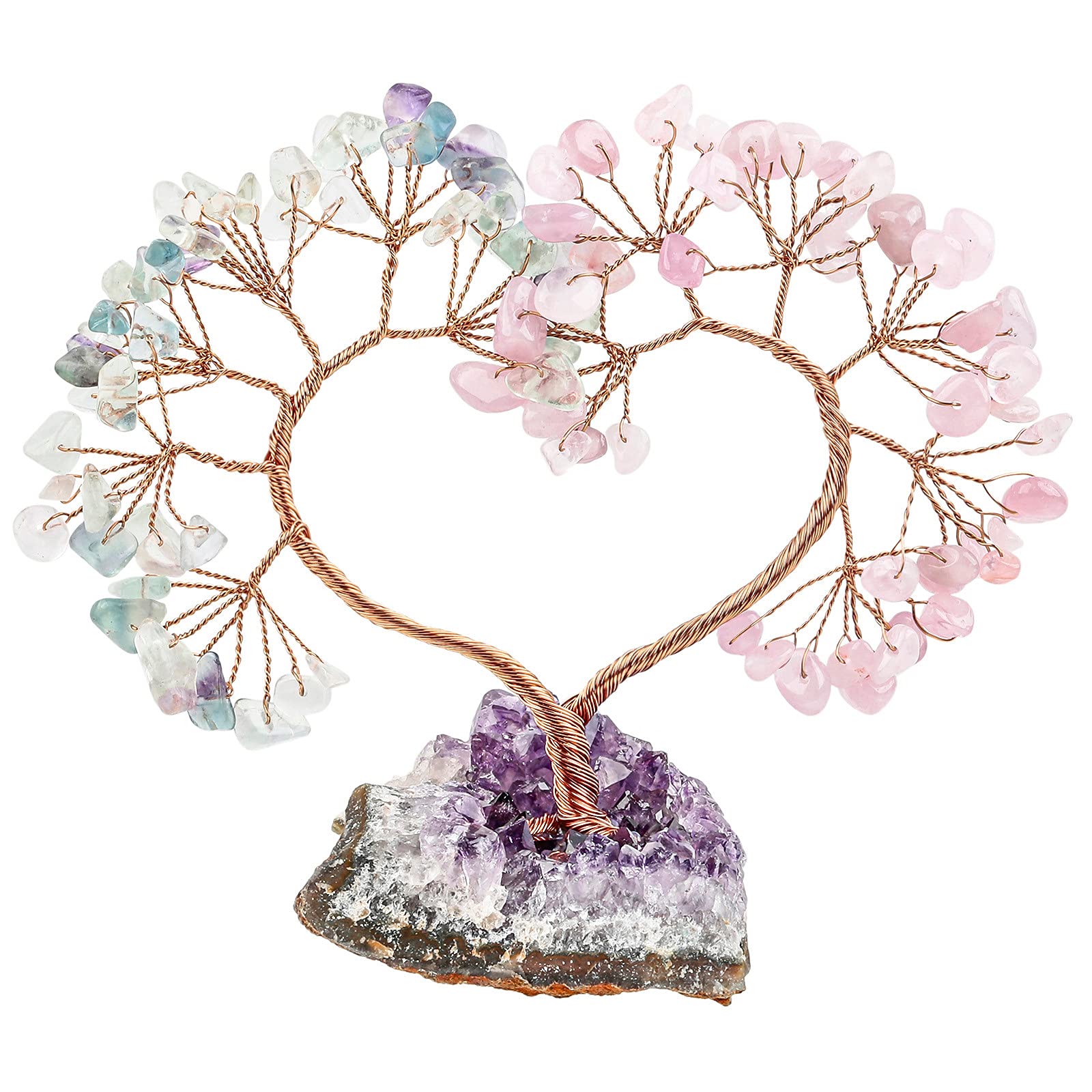Nupuyai Rose Quartz & Fluorite Crystal Tree with Amethyst Cluster Base, Love Heart Money Tree Figurines Fengshui Ornament for Home Office Wedding Decoration