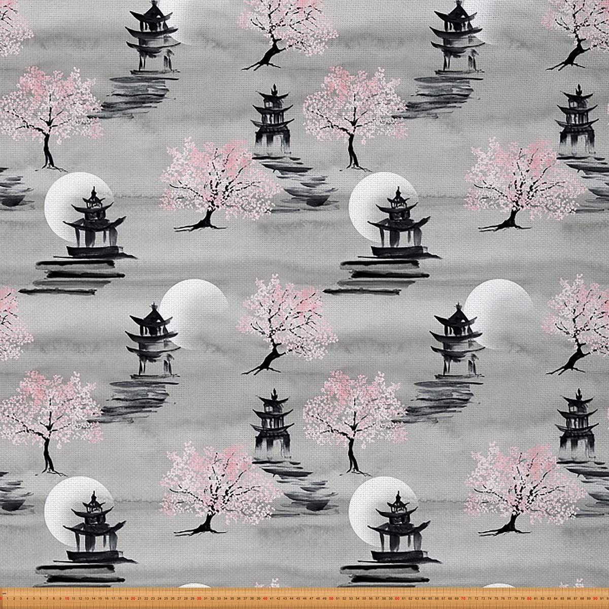 Japanese Fabric by The Yard,Exotic Cherry Blossom Upholstery Fabric for Chairs,Oriental Pagoda Sakura Fabric for Upholstery and DIY Projects,2 Yards,(L184*W150cm) Pink Gray
