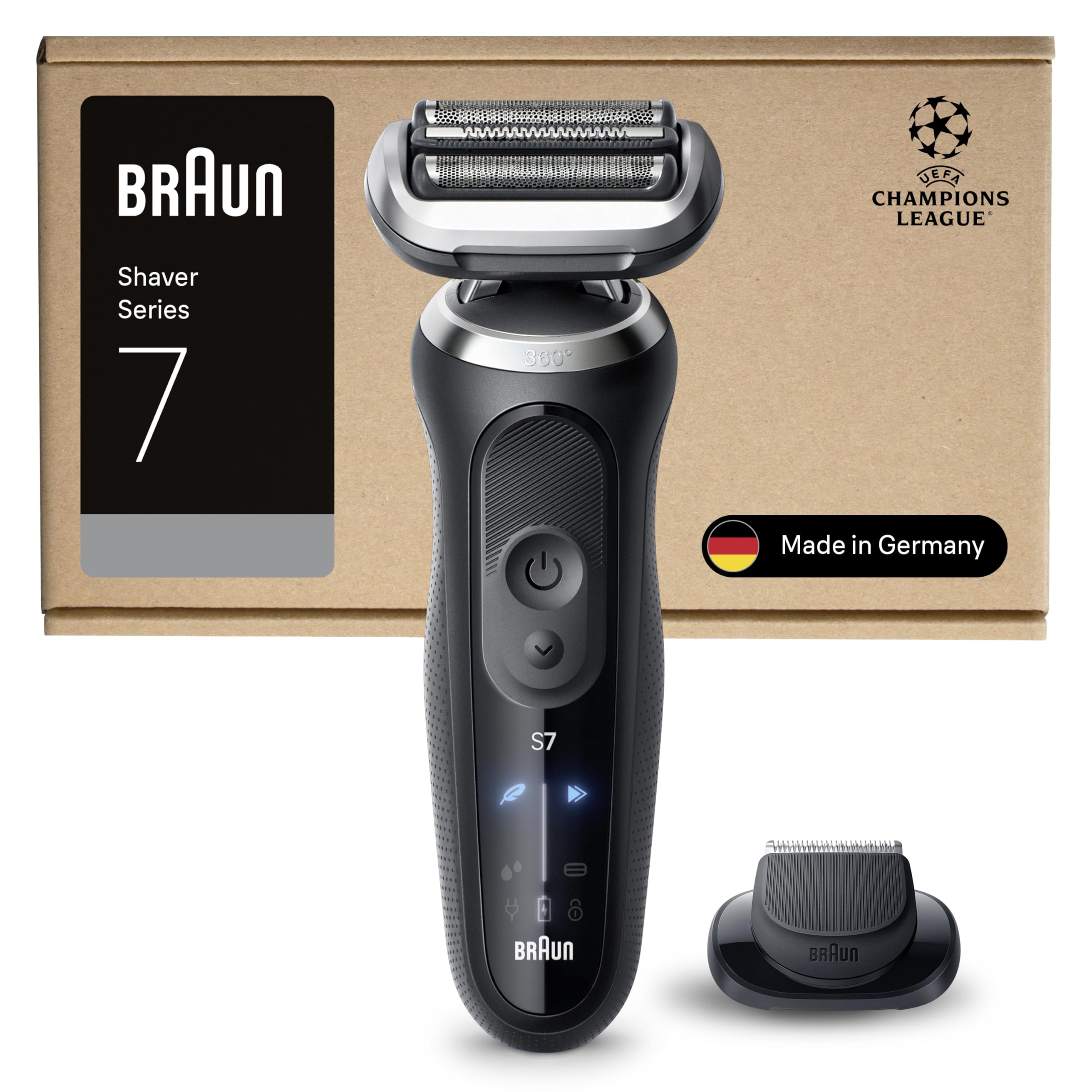 Braun Series 7 Rasierer Herren Elektrisch, Elektrorasierer mit 60 Min. Akku, Rasierapparat-Aufsatz, Kabelloser Nass- und Trockenrasierer, Wasserdicht, Made in Germany, 72-N1200si, Schwarz