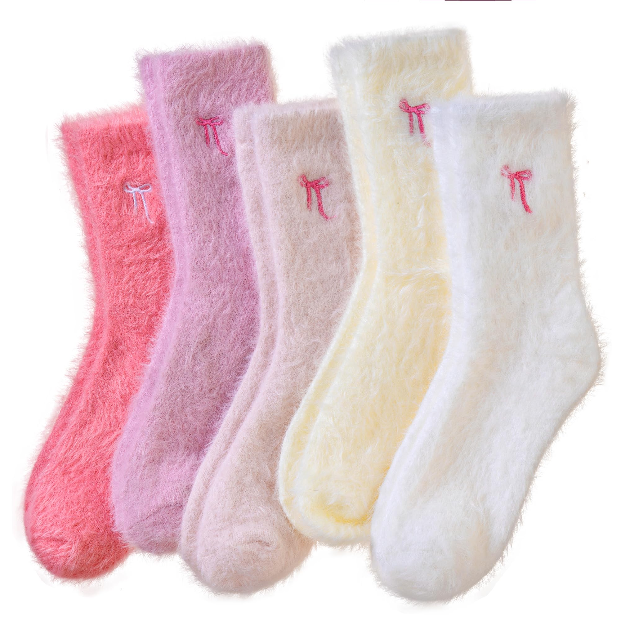 Photo 1 of Velice Fuzzy Socks For Women Fluffy Cozy Slipper Pink Heart Bow Warm Winter Home Sleeping Thick Comfy Socks 5 Pairs (Bow-Pink Series)