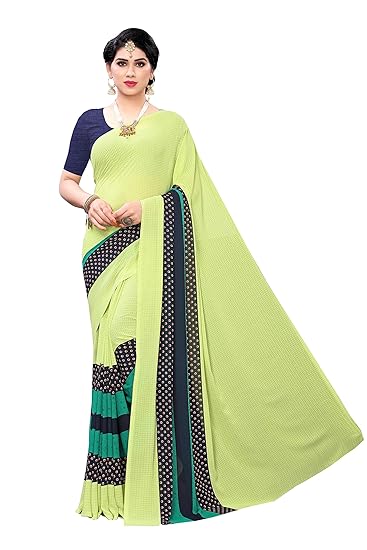 Georgette with Blouse Piece Saree (Greeny Green Free Size)