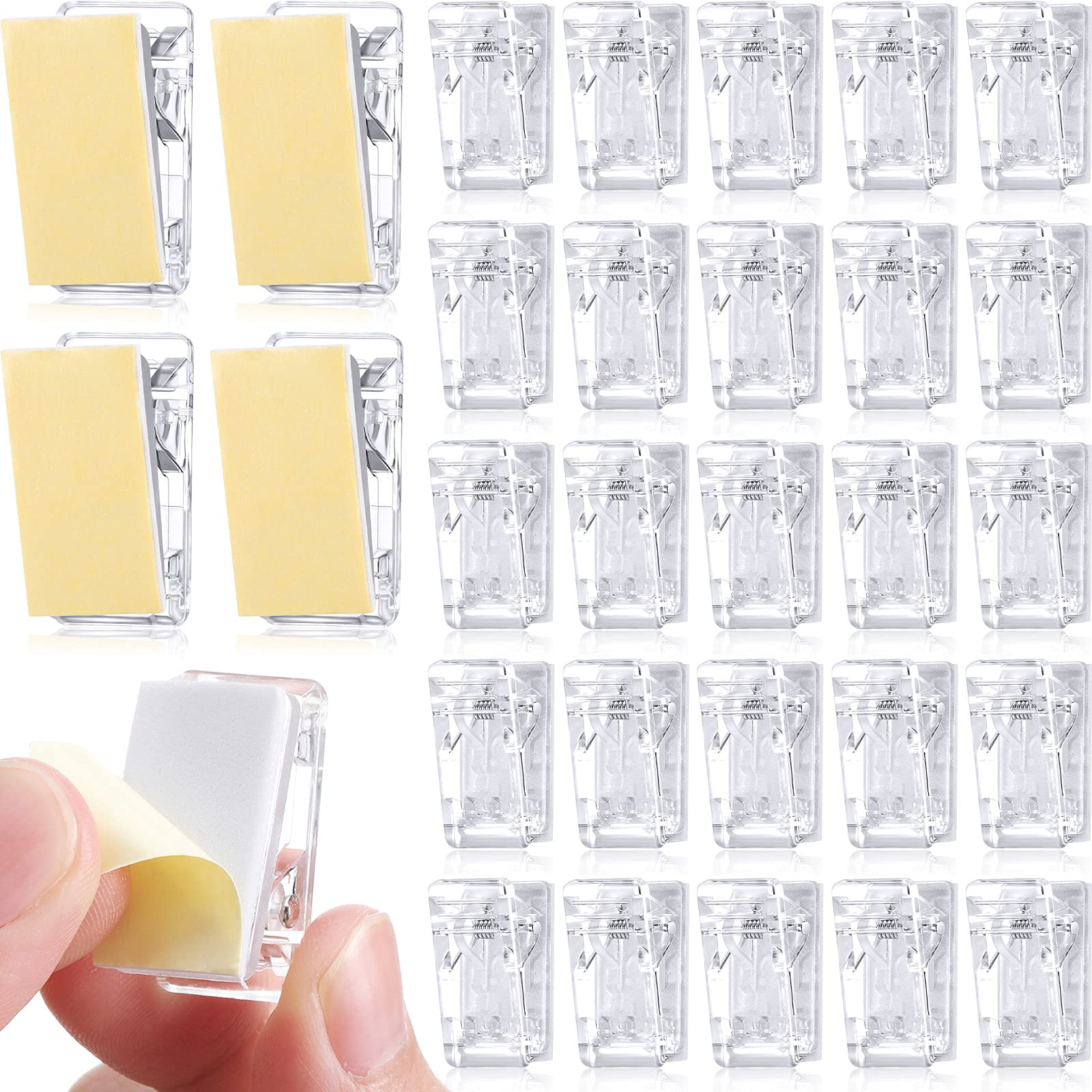 Photo 1 of 30 Pieces Self-Adhesive Clips Wall Tapestry Clips Sticky Plastic Photo Small Hanging Spring for Poster Photo Wall Teacher Student Home Applications(Clear)