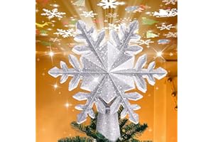 Mrrihand Christmas Tree Topper Lighted with 6 Projection Modes, Built-in 360° LED Rotating Projector Christmas Tree Star, 3D Snowflake Design for Xmas Holiday Christmas Tree Decoration-Silver