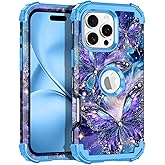 LONTECT for iPhone 16 Pro Max Case Glow in The Dark Three Layer Heavy Duty Shockproof Hard PC+Soft Silicone Rugged Full Body Protective Case for Women Girls,Purple Blue