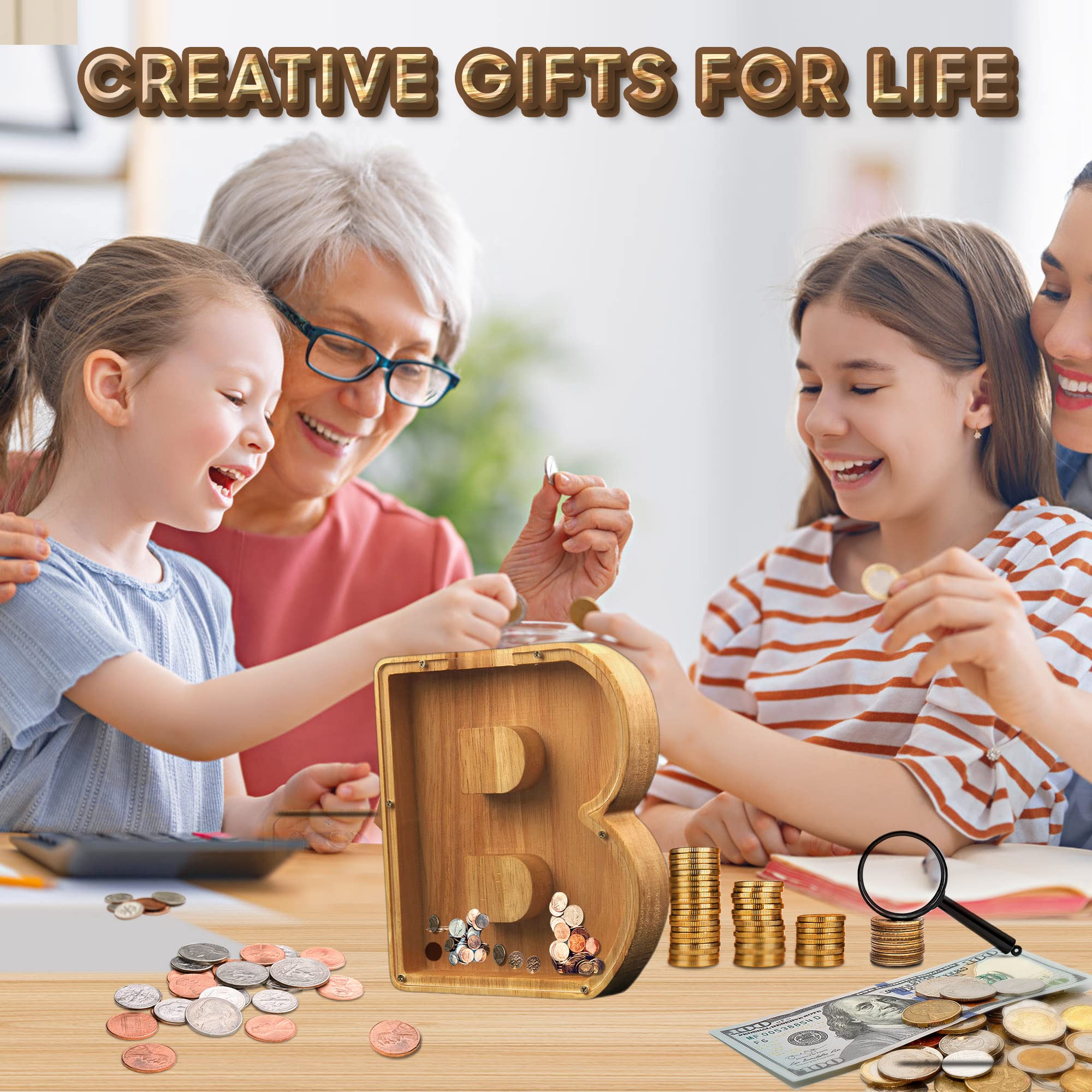 Piggy-Bank for Kids Boys Girls Large Piggy Banks 26 English Alphabet Letter,Personalized Wooden,Transparent Money Saving Box Custom Text Name DIY Creative Gift for Real-Money (B)