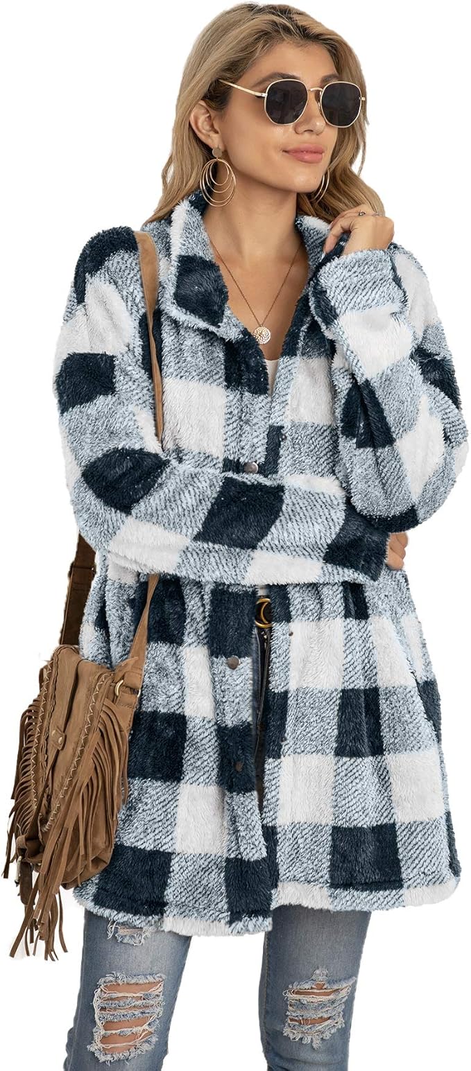 Women's Checked Fleece Oversized Baggy Collared Shirt Winter Jacket Shacket Ladies Long Sleeve 