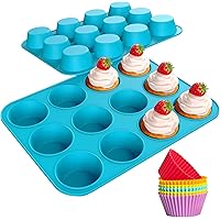 Silicone Muffin Pan 12 Cups, Katbite Non-stick Cupcake Pans, Reusable Muffins Tin for Egg Muffin, Cheesecakes with 6Pcs…