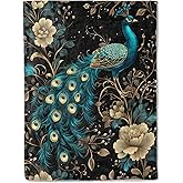ainori Elegant Peacock Flannel Blanket - Luxurious Floral with Majestic Bird and Golden Flower Throw - Soft Cozy Gifts Blankets for Kids Women & Nature Lovers, Country Decor, Artistic Accent 50x60in