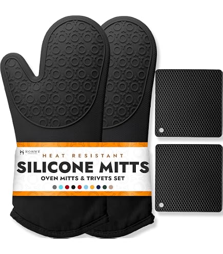 Lot De 4 Dessous De Plat Et Maniques – 2 Tapis Silicone Noir/Bleu + 2 Maniques Coton, Anti-Chaleur Multifonction