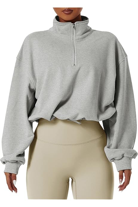 QINSEN Women's Half Zip Crop Sweatshirt High Neck Long Sleeve Pullover  Athletic Cropped Tops Apricot S at Amazon Women's Clothing store