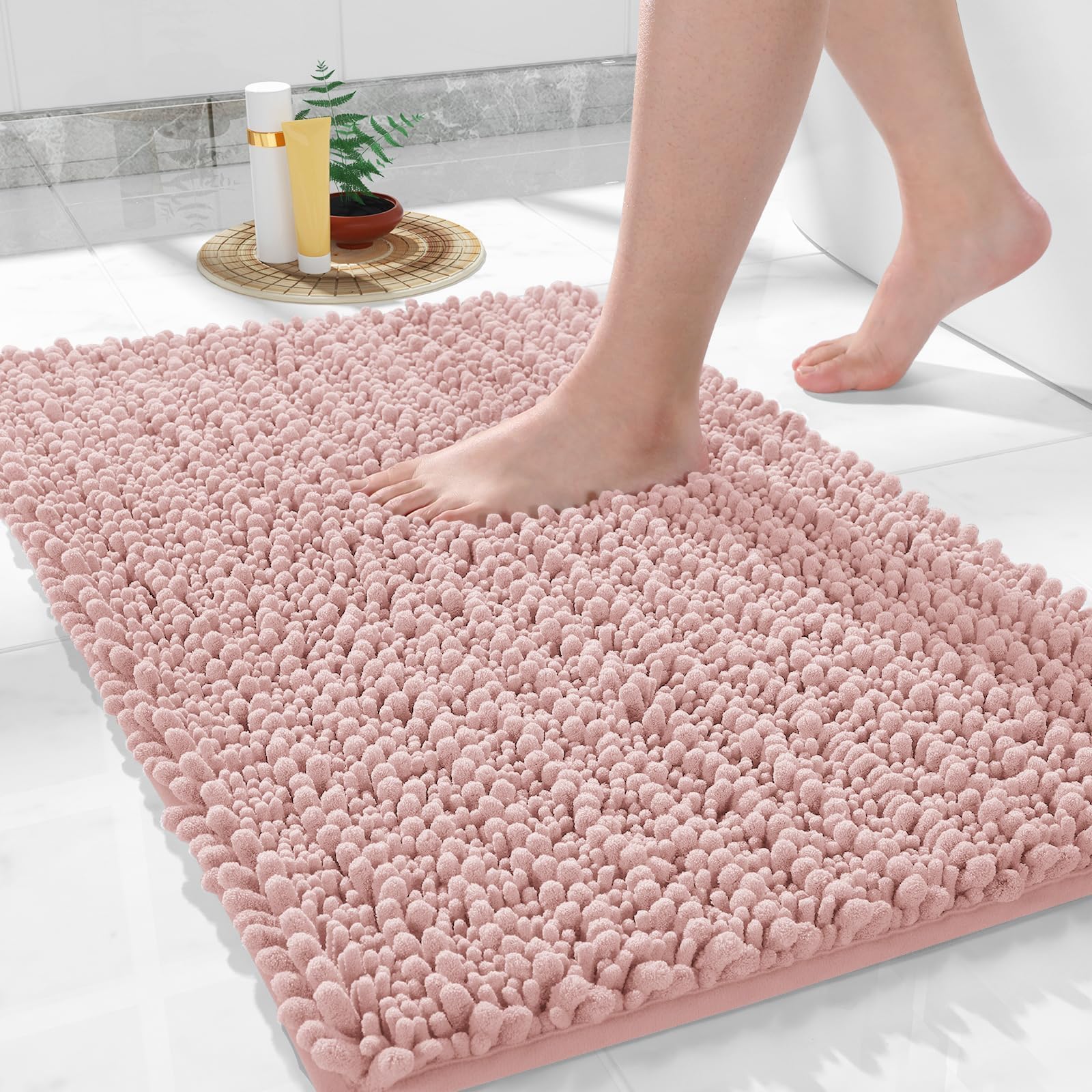 Yimobra Original Luxury Chenille Bath Rugs Mat, 43 x 61 cm, Soft Shaggy and Comfortable, Super Absorbent and Thick, Non-Slip, Machine Washable, Perfect for Bathroom, Light Pink