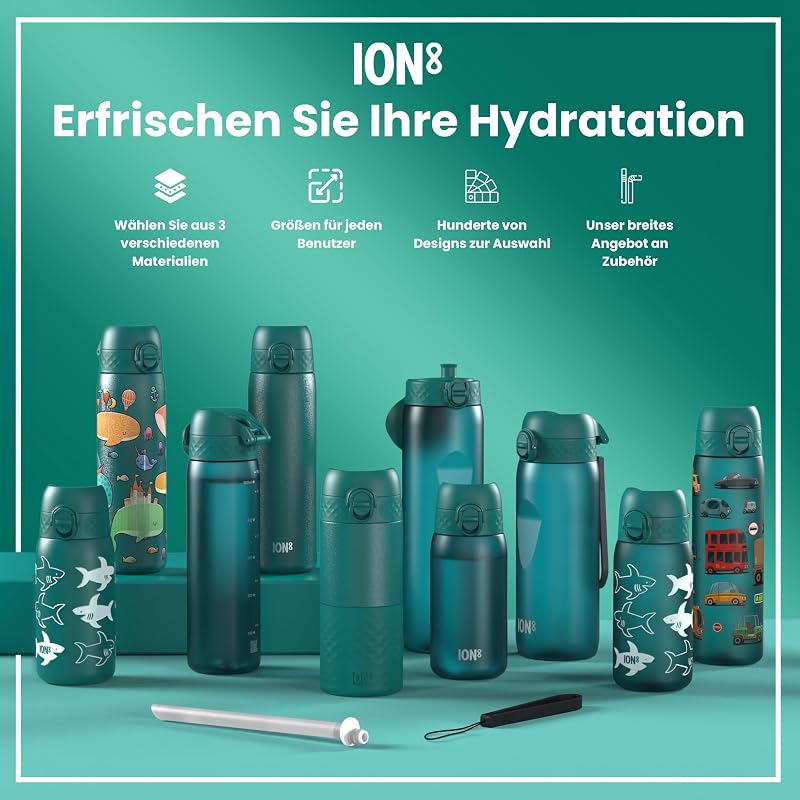 Kinder Trinkflasche, 350ml, Auslaufsicher, Einhandöffnung, Sichere Verriegelung, Spülmaschinenfest, BPA-frei, Tragegriff, Klappdeckel, Leicht zu Reinigen, Haie