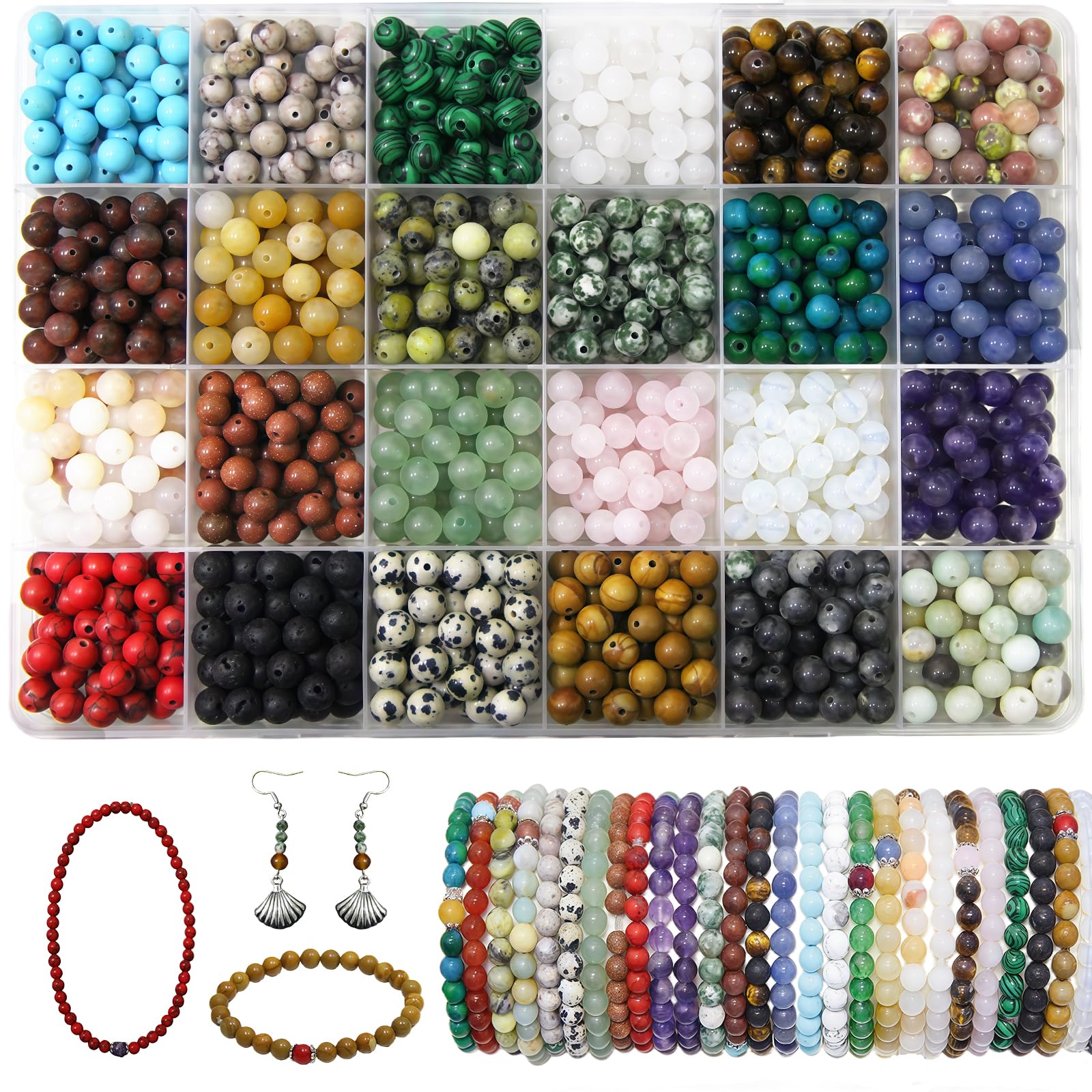 1200pcs 6mm Natural & Synthetic Round Stone Beads Loose Gemstone Stone Beading Hole Size 1mm DIY Smooth Beads for Bracelet Necklace Earrings Jewelry Making (24 Material-6mm)