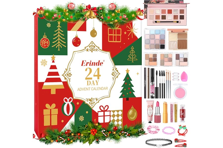 Erinde Makeup Advent Calendar 2025, 24 Days Christmas Gift Makeup Set for Teen Girls & Women, 2025 Xmas Holiday Countdown Calendar Beauty & Cosmetics Holiday Surprise Make Up Gift Kits for Women