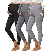 Sweetyweee 3 Pack Women's Maternity Leggings Cotton Ribbed Pregnancy Pants Drawstring Workout Yoga Active Pants with Pockets