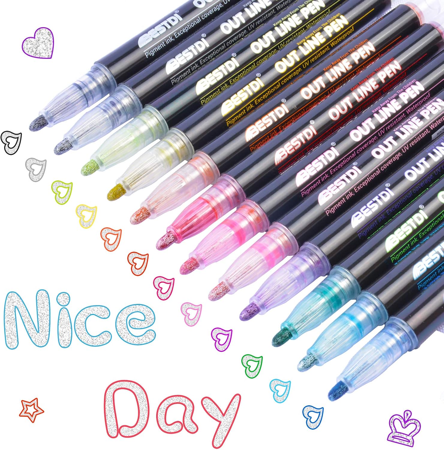 Double Line Outline Pens 12 Colours Shimmer Metallic Markers Glitter Pens for Painting DIY Art Craft Scrap Booking Posters Doodle Dazzle Writing Drawing Pen for Birthday Greeting Festival Gift Card