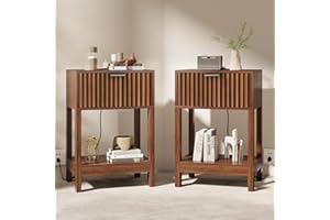 Nasonet Night Stand Set 2, Fluted Nightstand with Charging Station, Wood Bedside Table with Drawer & Storage Shelf, Modern End Tables for Bedroom Sofa Couch Office, Walnut