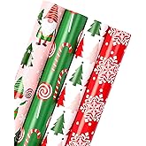 WRAPAHOLIC Christmas Wrapping Paper Roll - Red and Green Gnome, Candy Canes, Snowflakes, Christmas Trees Holiday Collection -