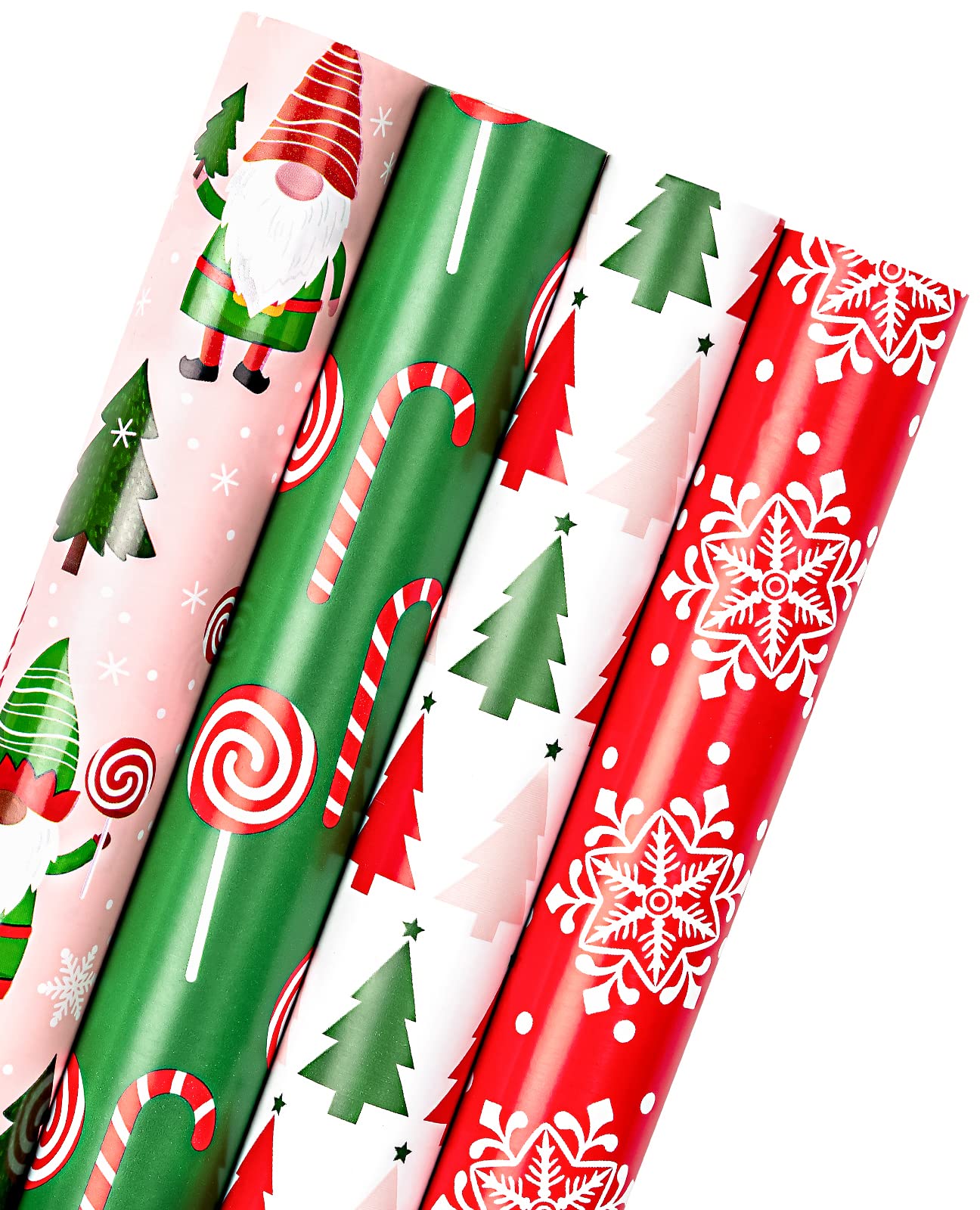 RUSPEPA Christmas Wrapping Paper Roll - Red, Green and Pink Christmas Gnome Elf Holiday Collection - 4 Rolls - 76 cm X 305 cm Per Roll
