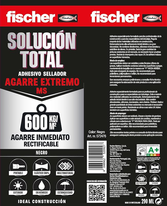 - Solución Total Agarre Extremo 600kg Negro 290ml | Pegamento fuerte | Adhesivo y Sellante MS Polímero | Uso Interior y Exterior | Pintable y Resistente a Impactos