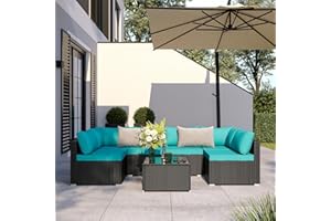 ELEGIBLISS 7 Pieces Patio Furniture Set - Outdoor Sectional Wicker Rattan Furniture with Cushion and Glass Table Patio Conversation Sets for Porch Poolside Backyard Outdoor Sofa Set Modular Sofa