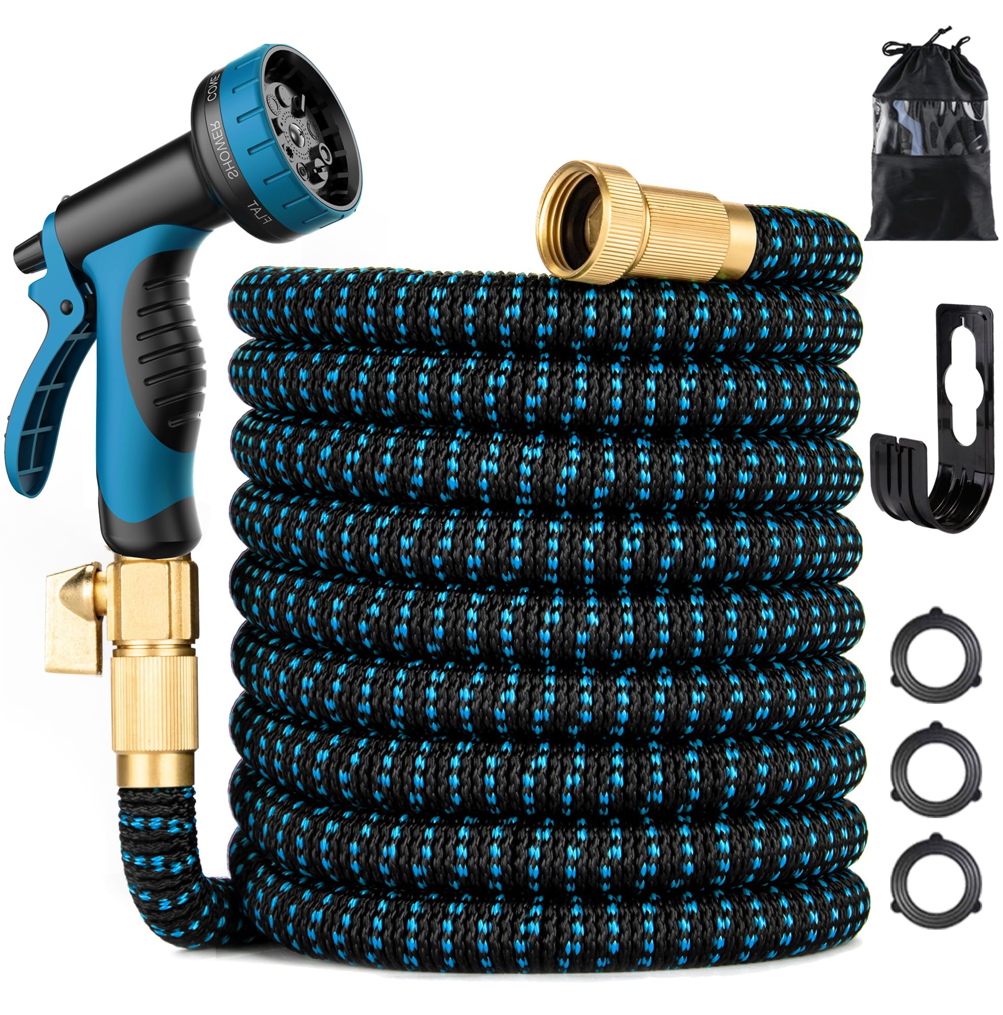 Photo 1 of 100 ft Expandable Garden Hose - Kink Free Flexible Water Hose 100ft with 10 Pattern Spray Nozzle, 3/4 Solid Brass Connectors, Retractable Latex Core - Lightweight Expanding Hose