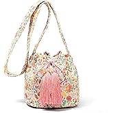 Canvas Crossbody Bags for Women, Tassels Drawstring Bucket Bag, Bohemian Colorful Flowers Handbag, Large Capacity Travel Shoulder Bag