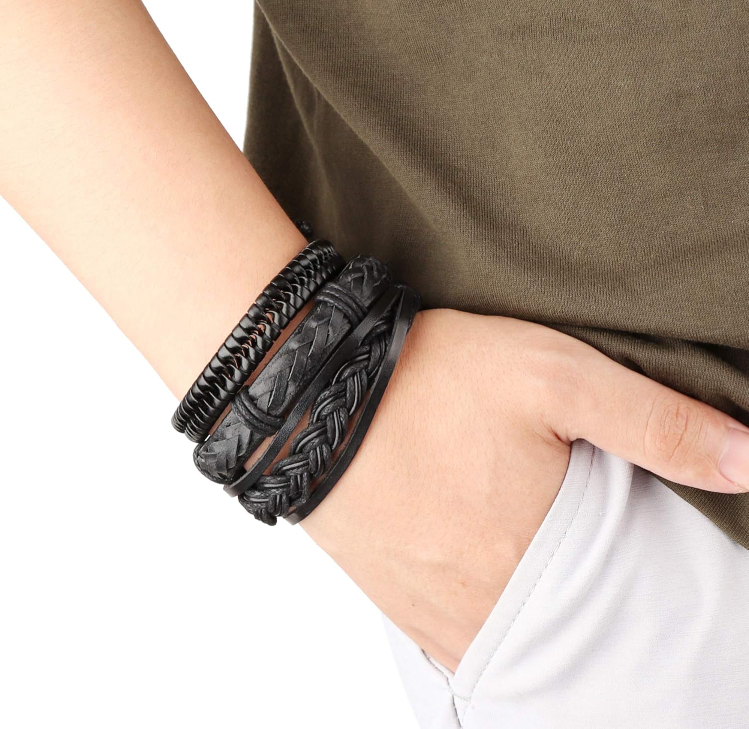 Jstyle 17Pcs Braided Leather Bracelet for Men Women Wooden Beaded Cuff Wrap Bracelet Adjustable Black: Clothing