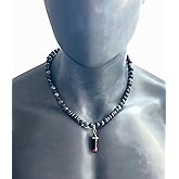 Beaded Choker Pendant Necklace January Birthstone Mens Necklace with Natural Gemstone Garnet Labradorite Black Lava Red Tiger Eye Handmade Jewelry - about 21 inches long