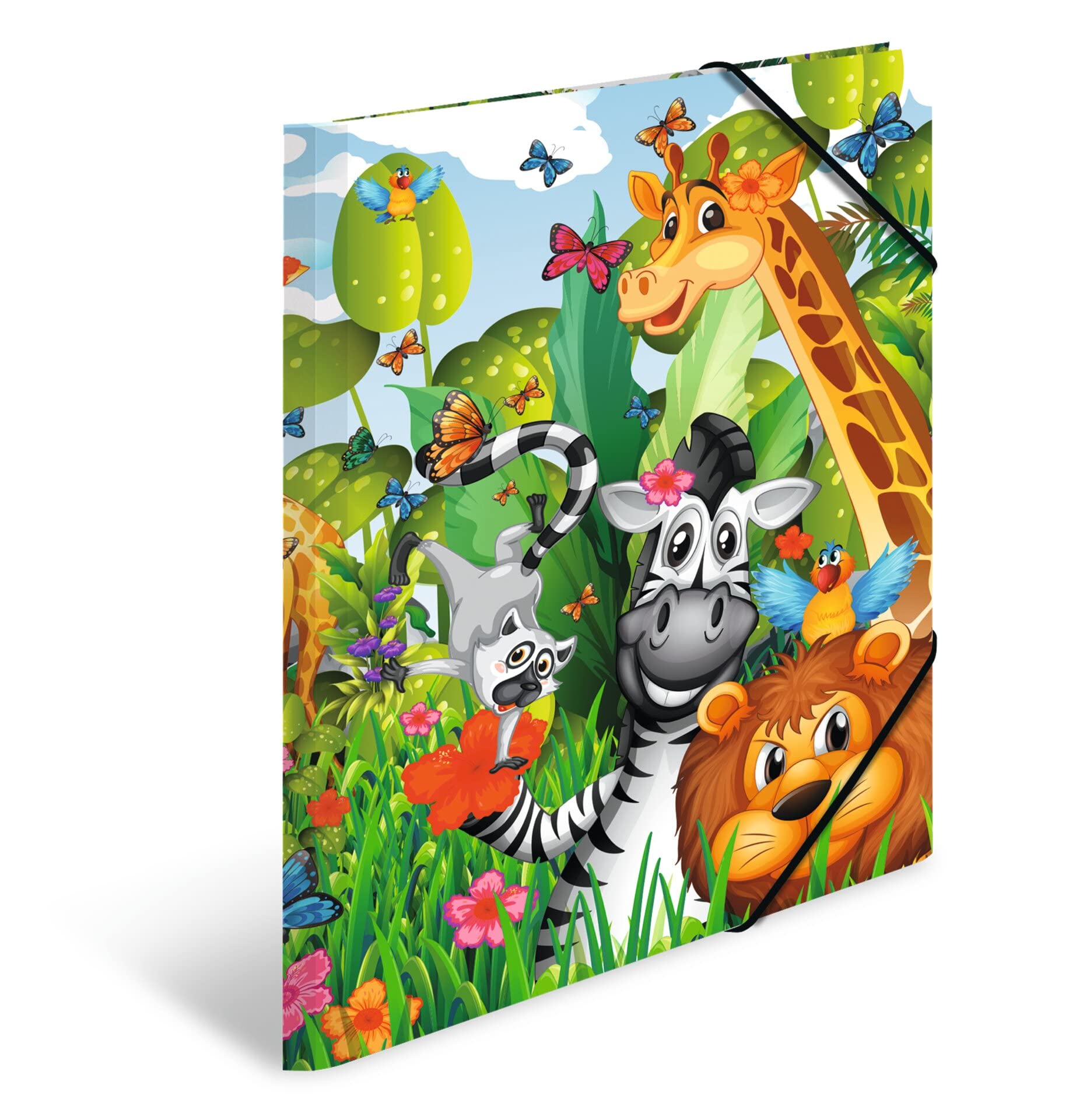 HERMA Portfolio Folder A3 Jungle, Corner Folder Made of Cardboard with Nursery Motif, Elastic Band, Inner Flaps and Inner Print for Boys, Girls and Children