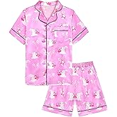 Kids Girls Pajama Set Silky PJS Button-Down Sleepwear Nightwear Loungewear Clothes Set Gifts