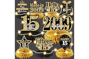 Bumqviy 9Pcs 15th Birthday Honeycomb Centerpieces Decorations with String Lights for Girl Boy, Happy 15 Year Old Birthday Table Topper Party Supplies, Black Gold Vintage 2009 Birthday Party Table Sign